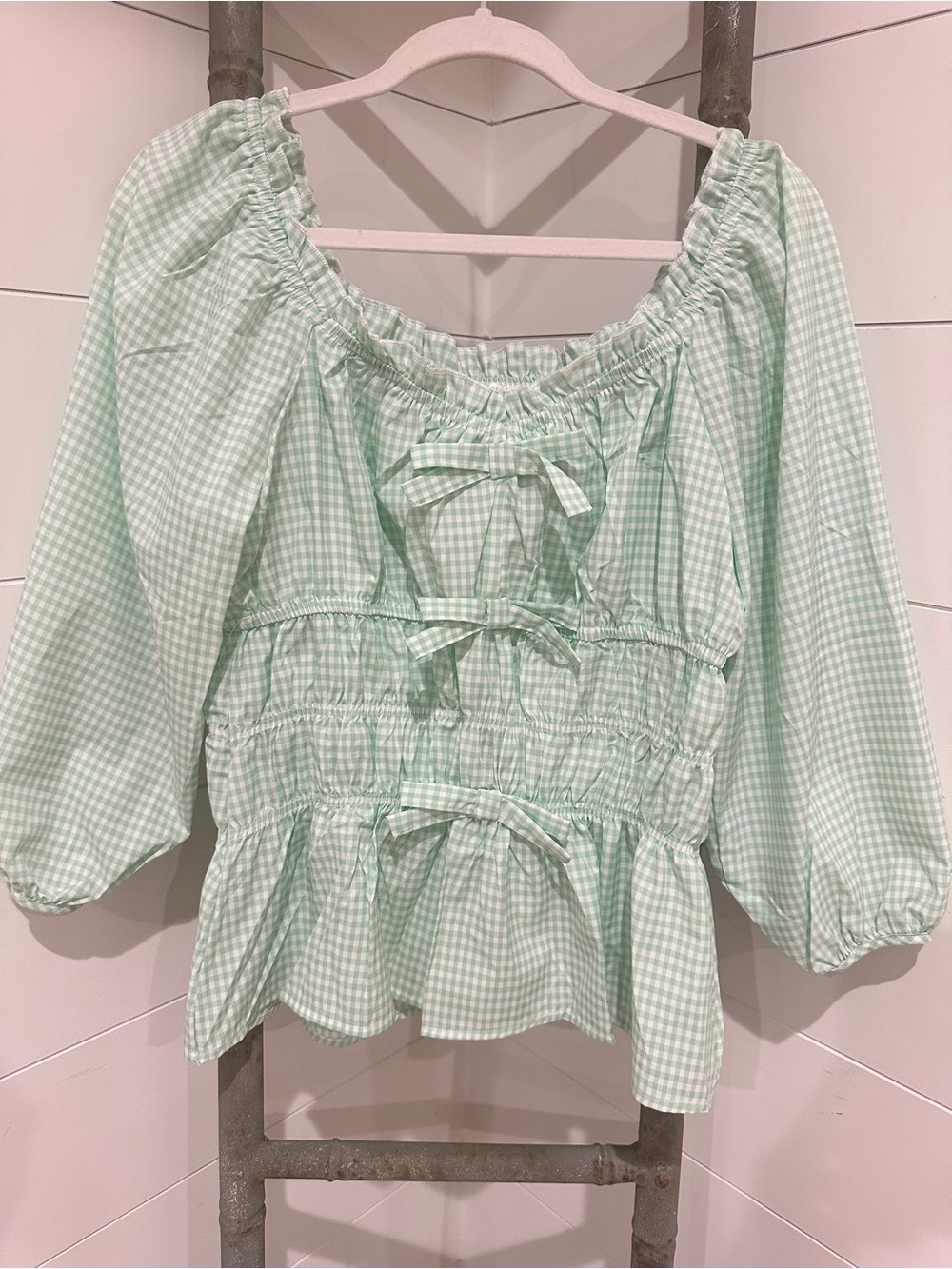 NEW: “The Gabriella”Smocked Ruffle Gingham Top - Mint Green